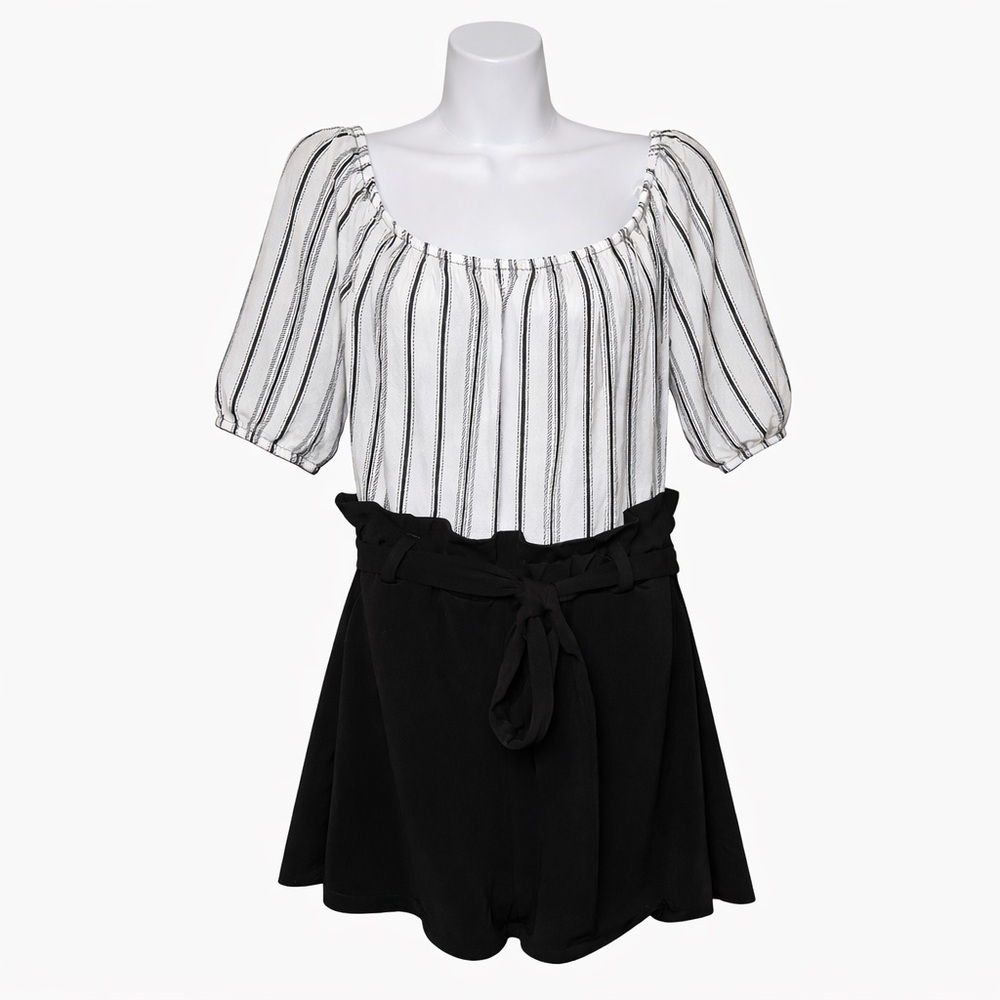 J for Justify Striped Off Shoulder‎ Romper XL Black White Paperbag Waist Belt